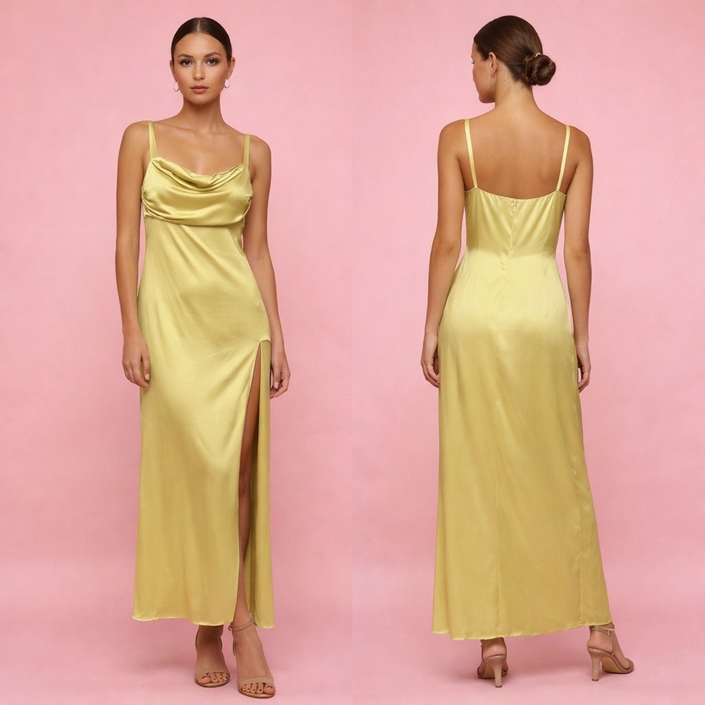 DE LA VALI La Noche Silk Cowl Neck Midi Dress Chartreuse Bias Cut Slip Sz 8